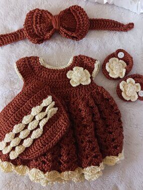 Crochet Baby Girl Nutmeg and Cream Heirloom Dress Set Photo Prop